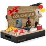 BASICBIRD® Couchbar Snackbox – Bambus Sofatablett mit 3 Edelstahl-Schalen & Getränkehalter