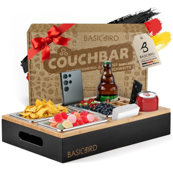 BASICBIRD® Couchbar Snackbox – Bambus Sofatablett mit 3 Edelstahl-Schalen & Getränkehalter