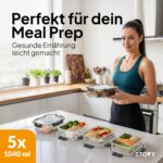 STOVY® Meal Prep Boxen Glas 5x 1040ml – Hochwertige Glasbehälter mit Deckel – Bild 3