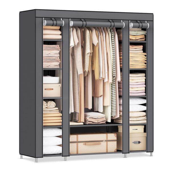 SONGMICS Faltschrank 150x175 cm mit 12 Ablagen & Kleiderstange – Stabiler Stoffschrank grau