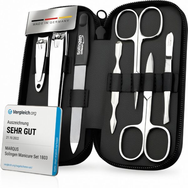 MarQus Solingen Maniküre-Set 7-teilig – Nagelpflege-Komplett-Set aus vernickeltem Stahl mit Ledertasche