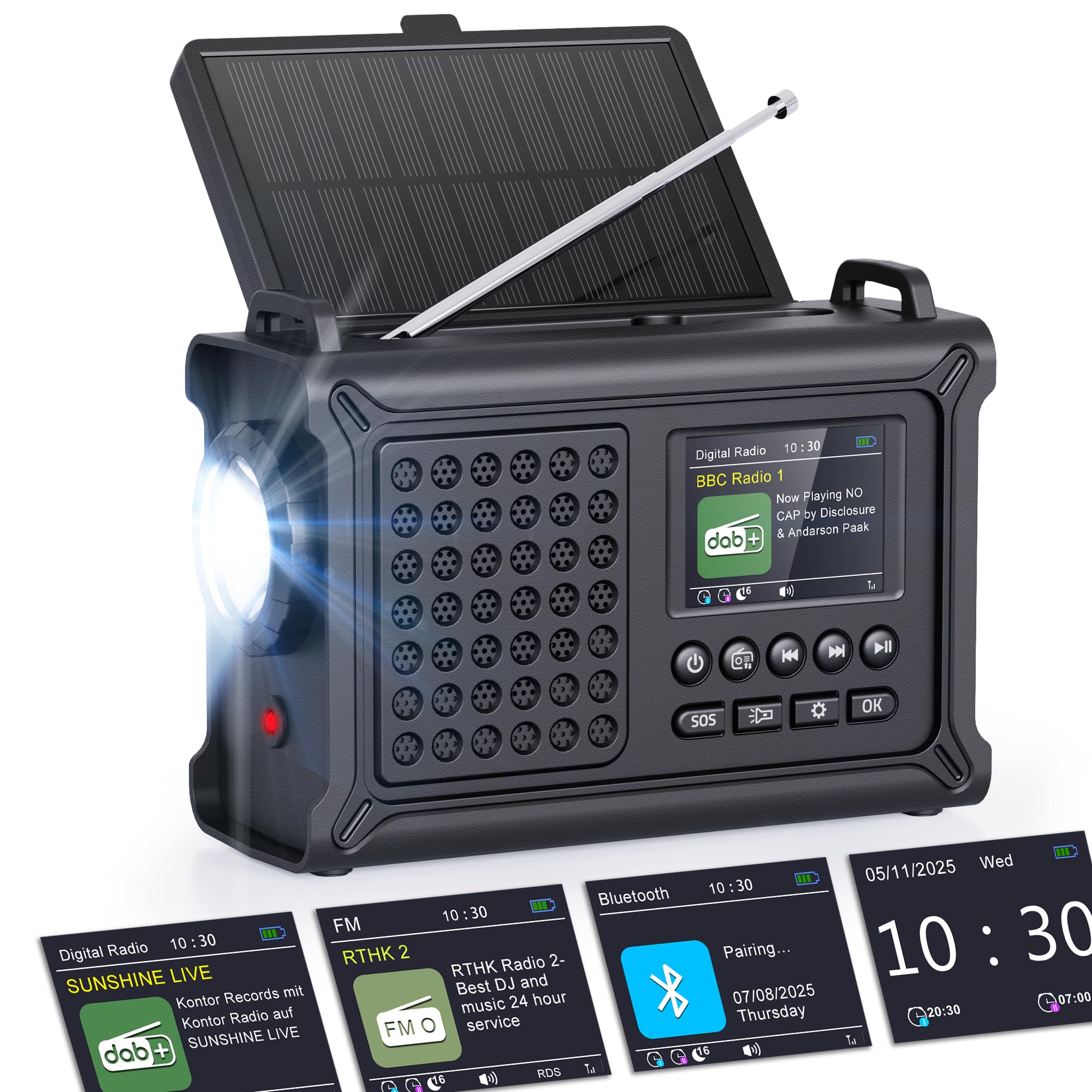 81yX1HKVvGL._SY2000_.jpg ROCAM CR1030DAB Kurbelradio – DAB+/UKW mit Solarpanel, Bluetooth & 12000mAh Akku – Bild 1