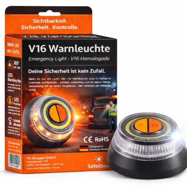 Safeglow® V16 Warnleuchte mit LED-Blitzlicht – EU-zugelassenes Notlicht für Auto & Motorrad