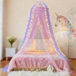 Eimilaly Zweifarbiger Betthimmel Rosa-Lila mit LED-Lichtern – Prinzessinnen-Baldachin für Mädchen
