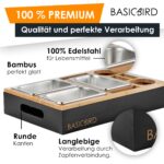 BASICBIRD® Couchbar Snackbox – Bambus Sofatablett mit 3 Edelstahl-Schalen & Getränkehalter – Bild 4