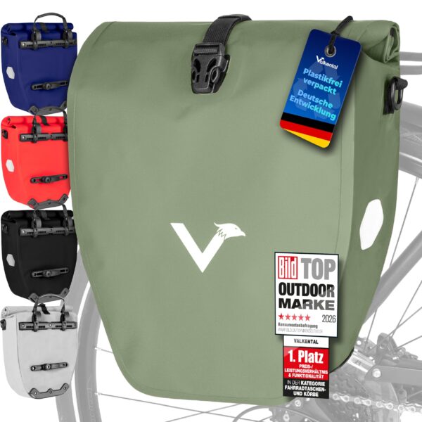 Valkental Gepäckträgertasche 20L wasserdicht – Fahrradtasche mit Reflektoren Natur Grün