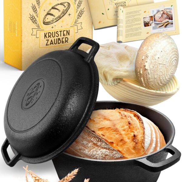 KRUSTENZAUBER 26cm Gusseisen Brottopf mit Gärkorb – Komplettes Brotbackset