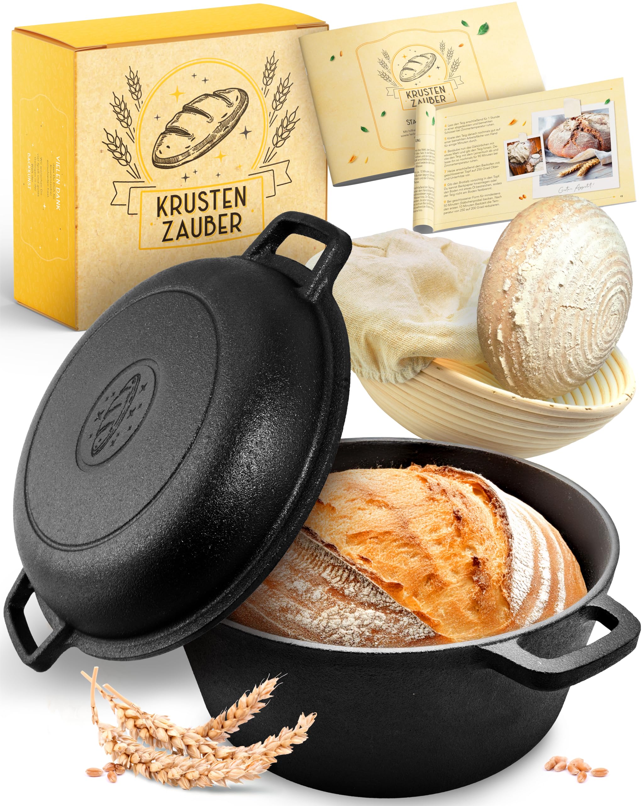911YG4i6izL._SY2560_.jpg KRUSTENZAUBER 26cm Gusseisen Brottopf mit Gärkorb – Komplettes Brotbackset – Bild 1