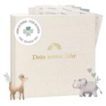 mintkind® Babyalbum «Mein erstes Jahr» Beige Leinen – 176 Seiten Hardcover mit Sticker-Set