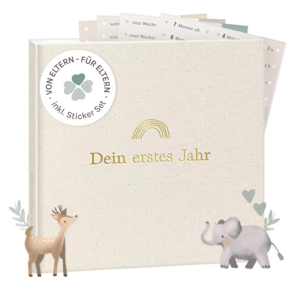 mintkind® Babyalbum «Mein erstes Jahr» Beige Leinen – 176 Seiten Hardcover mit Sticker-Set