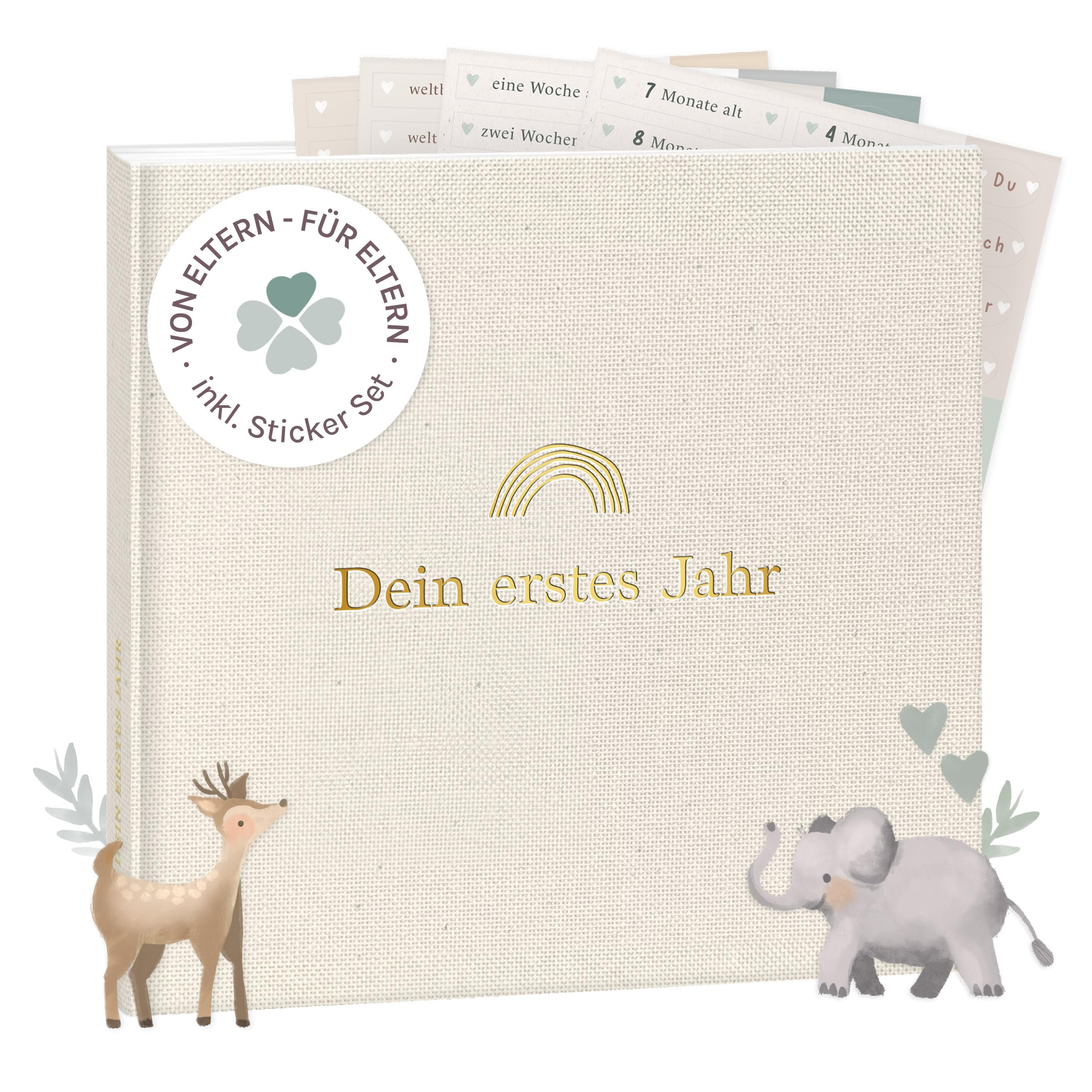 916c2qeAZlL._SY2560_.jpg mintkind® Babyalbum «Mein erstes Jahr» Beige Leinen – 176 Seiten Hardcover mit Sticker-Set – Bild 1