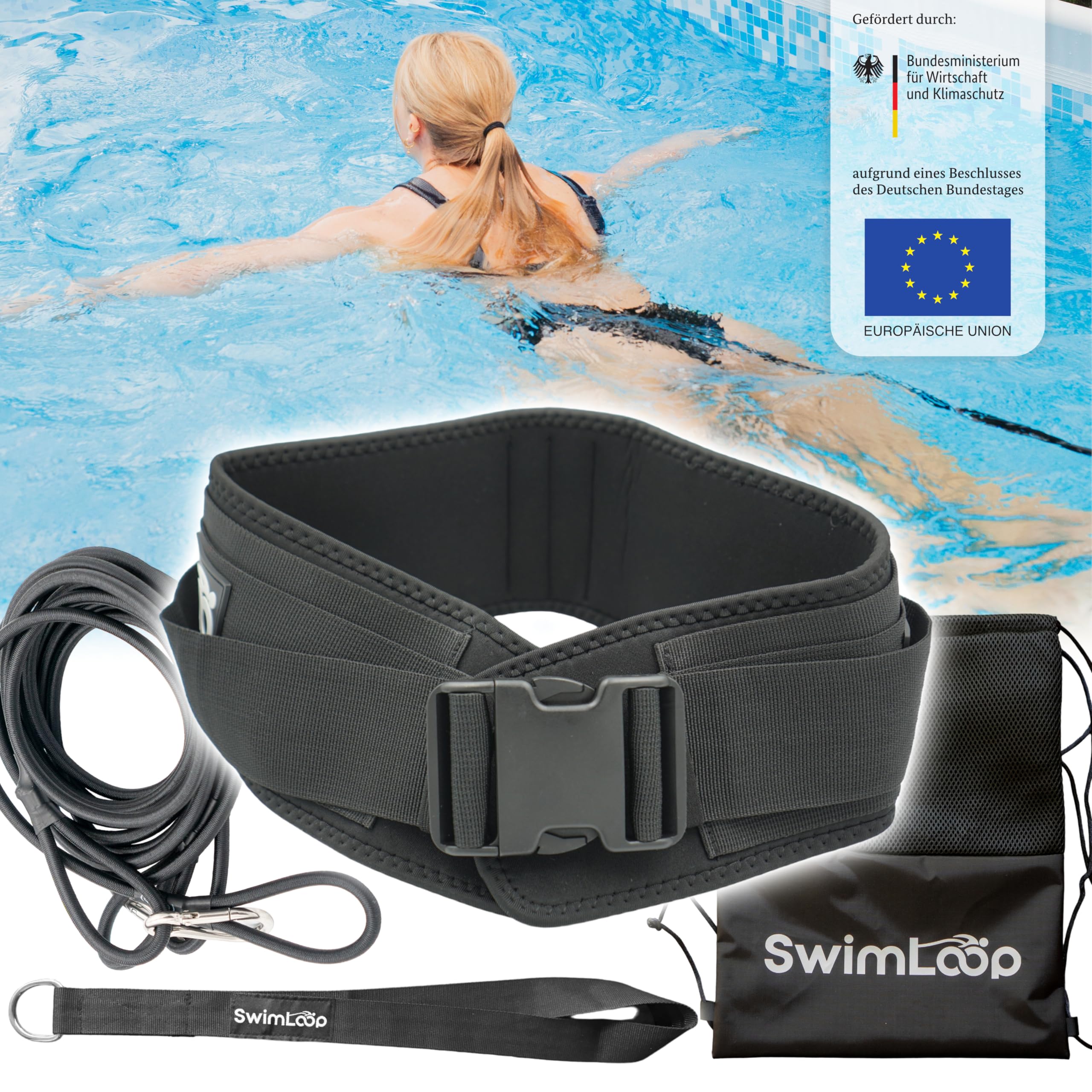 9171768UfKL._SY2560_.jpg SwimLoop Premium Schwimmgurt mit 2×2m Gummibändern – Widerstandstraining für kleine Pools – Bild 1