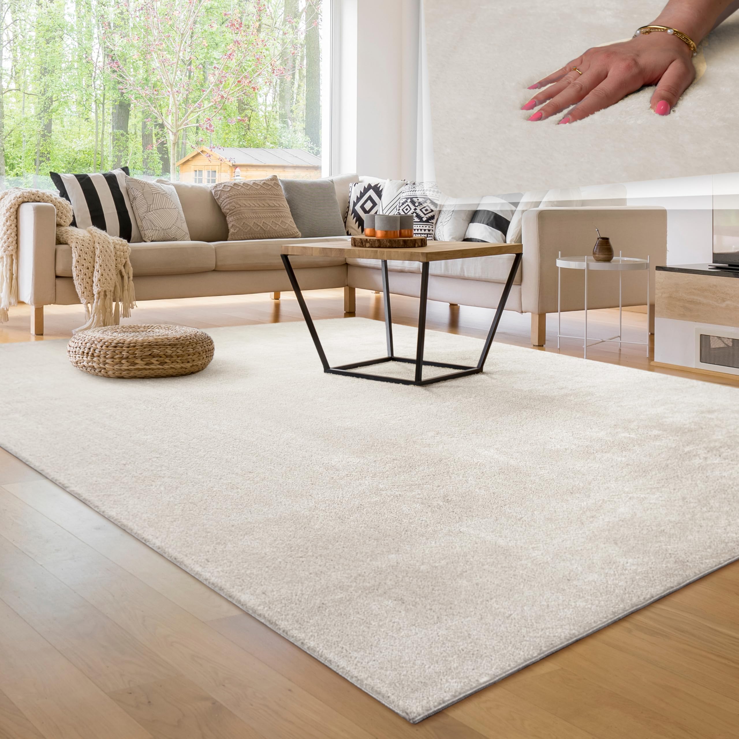 918lBdiezmL._SY2560_.jpg Paco Home Kurzflor Wohnzimmerteppich 200x280 cm – Waschbar & Rutschfest in Creme – Bild 1