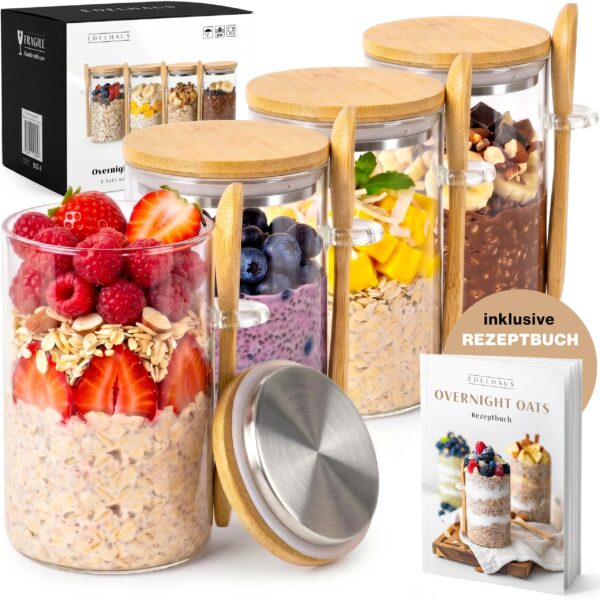 EDELHAUS Overnight Oats Gläser Set 4x500ml mit Bambusdeckel, Löffeln & Etiketten