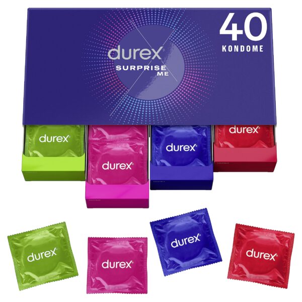 Durex Surprise Me Kondome 40er Mix Box – Vielfalt mit praktischer Schubladenbox