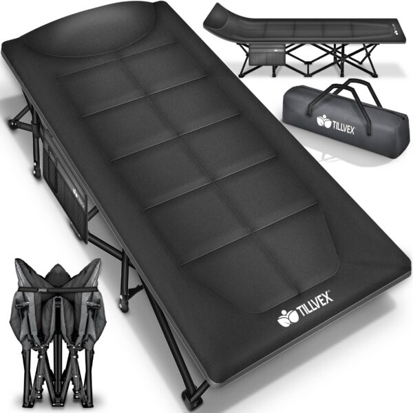 tillvex® Campingbett klappbar bis 280 kg – Feldbett mit Kopfpolster & Tragetasche
