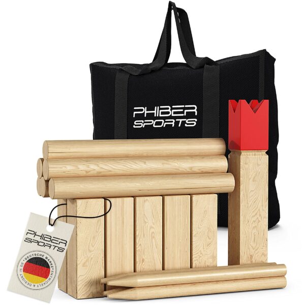 Kubb Wikinger Spiel aus Gummibaumholz – Premium Holzspiel mit Tragetasche für 2-12 Spieler