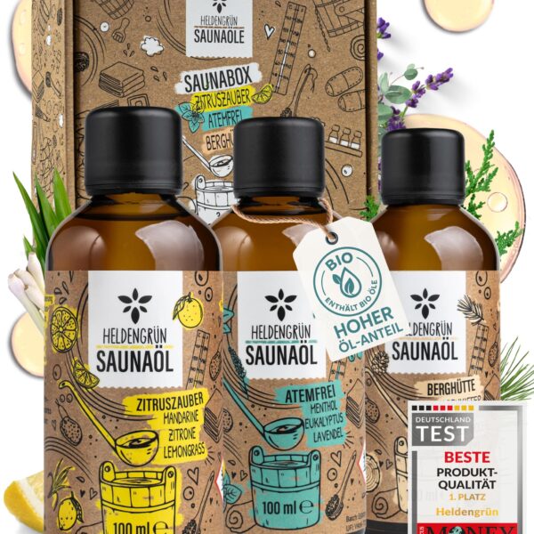 Heldengrün BIO Saunaaufguss Set 3er – Naturreine Duftmischungen für bis zu 60 Aufgüsse