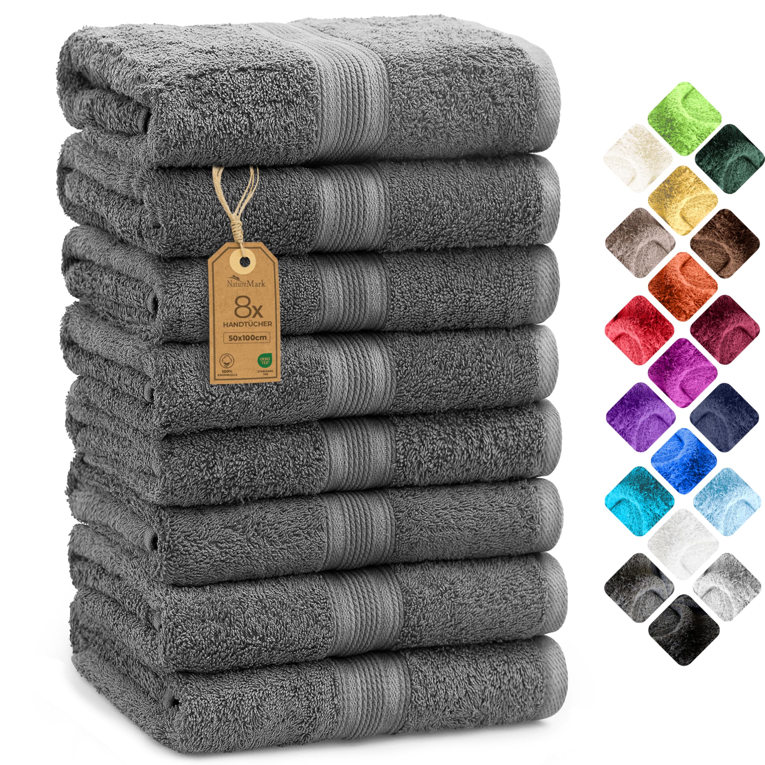 91ZH9c2X-gL._SY2560_.jpg NatureMark 8er Handtuch-Set 50×100 cm – 100% Baumwolle, saugfähig & langlebig in Anthrazit – Bild 1