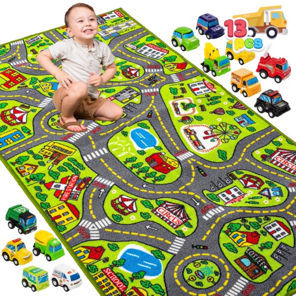 JOYIN Spielteppich 80x150 cm mit 12 Autos – Lernspielzeug für Kinder & Kleinkinder