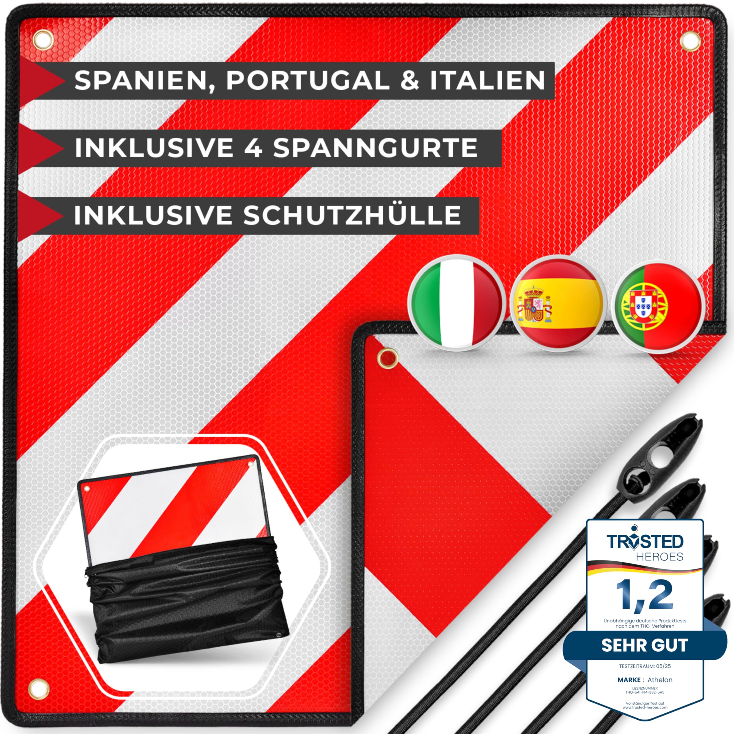 91nVlj9VcXL._SY2560_.jpg ATHELON 3in1 Warntafel Italien, Spanien & Portugal – Reflektierendes Warnschild mit Spanngurten – Bild 1