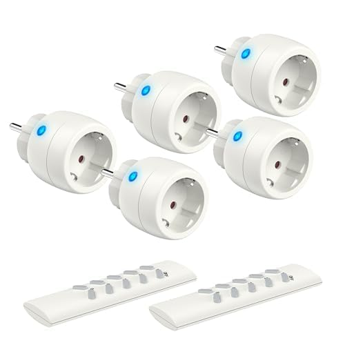 UCOMEN Funksteckdosen 5er-Set mit 2 Fernbedienungen – 2300W, 30m Reichweite, TÜV-zertifiziert