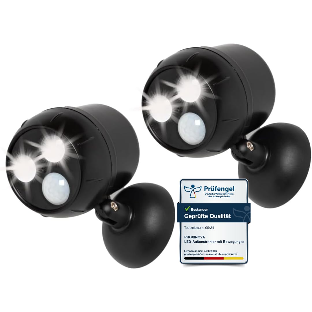 Proxinova LED Sicherheitsleuchte 2er Set mit Bewegungsmelder – Batteriebetriebenes Aussenlicht