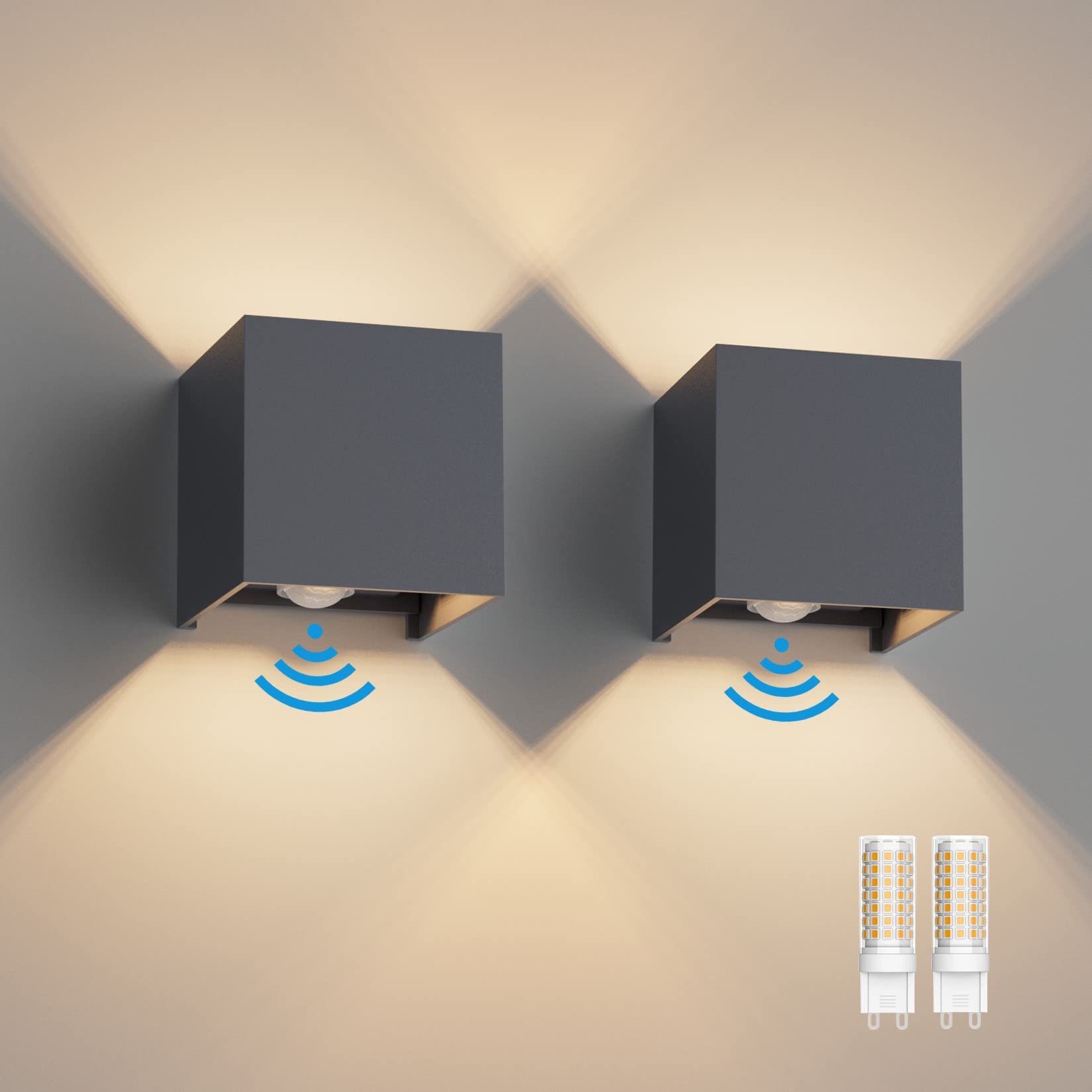 Klighten 2er Set Aussenlampe mit Bewegungsmelder Warmweiss – Anthrazit Wandleuchte IP54