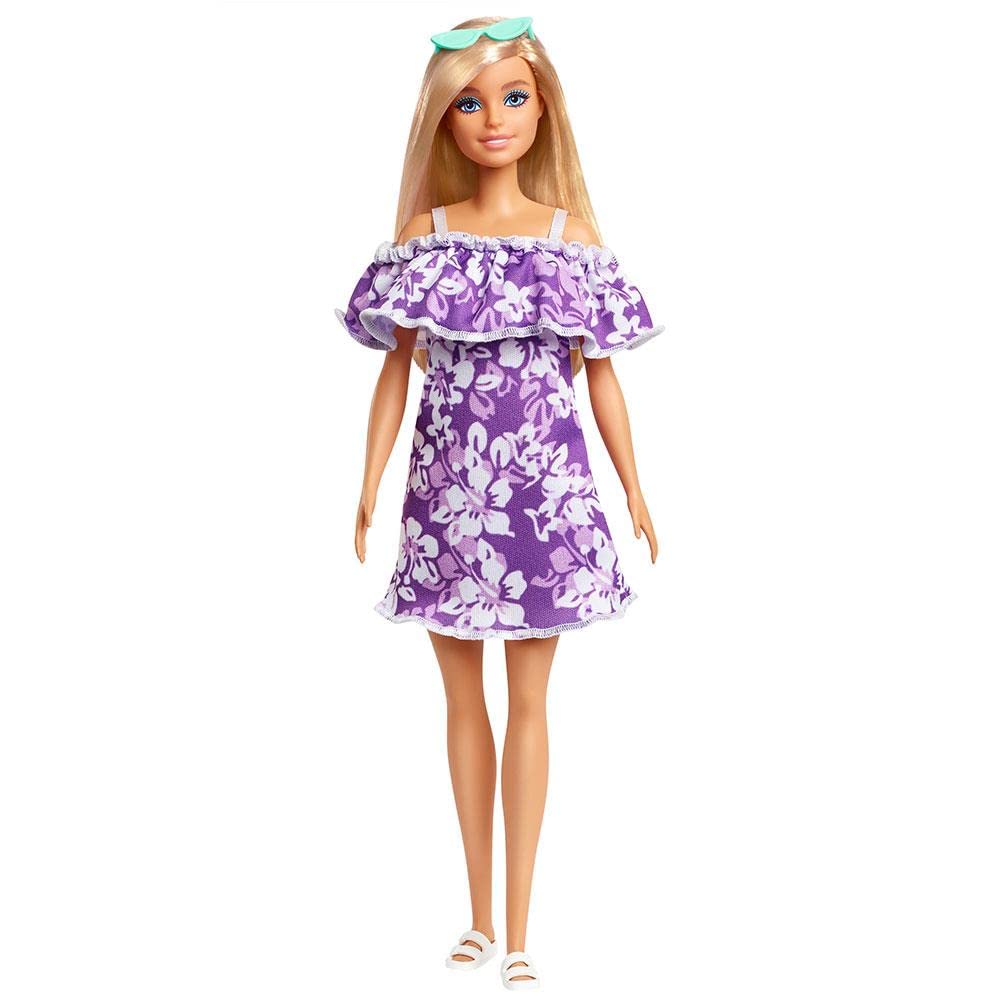 Barbie Loves The Ocean Puppe 29 cm – Lila Blumenkleid mit Zubehör aus recyceltem Kunststoff