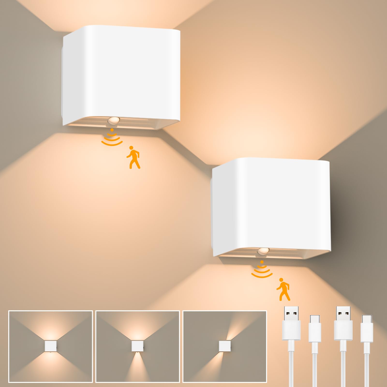 GuKKK LED-Wandleuchte mit Bewegungsmelder – 2er Set Akku Wandlampe 3000K