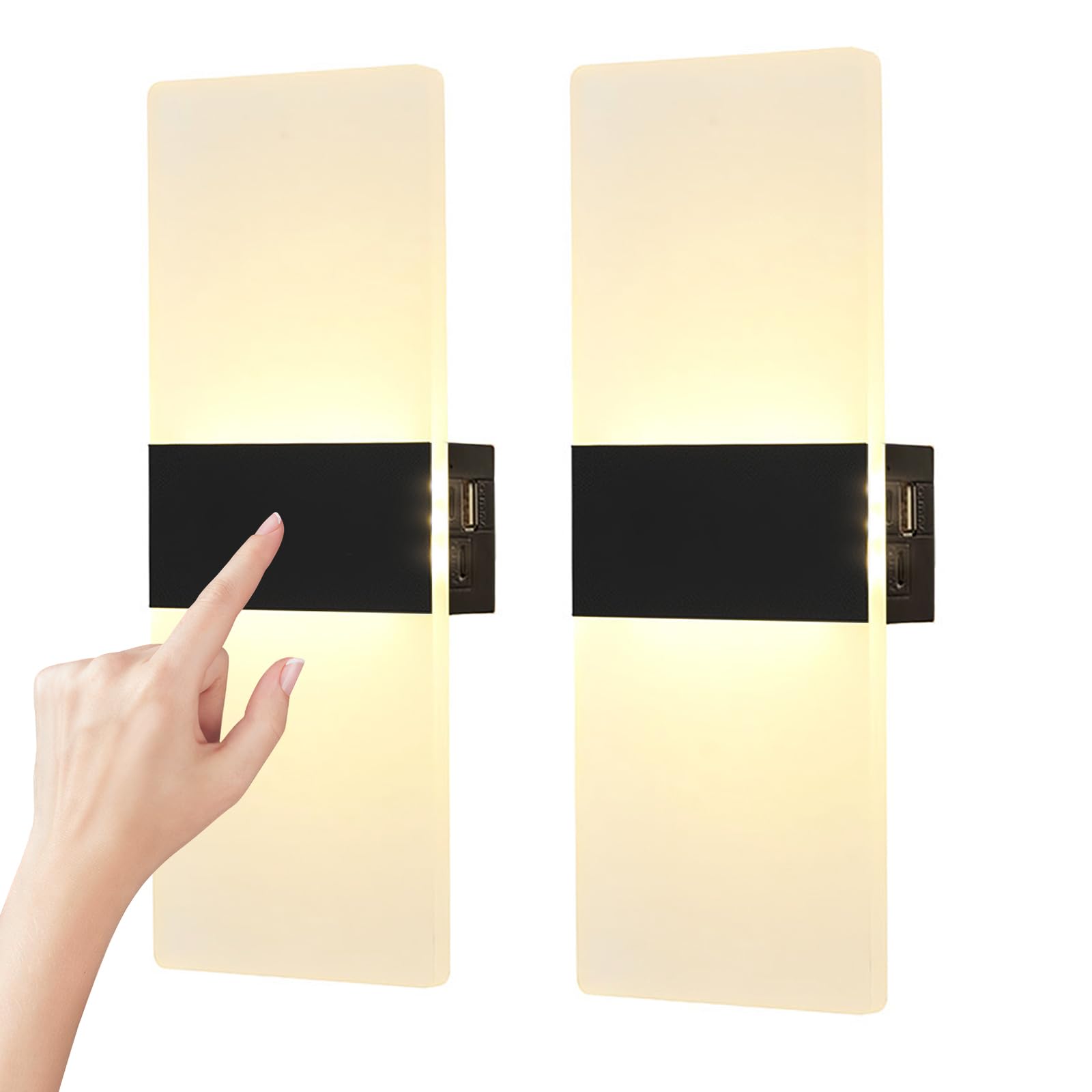 VOMI Akku-Wandleuchten 2er-Set, Touch Dimmbar 3000K – Kabellose Beleuchtung mit USB-Ladefunktion