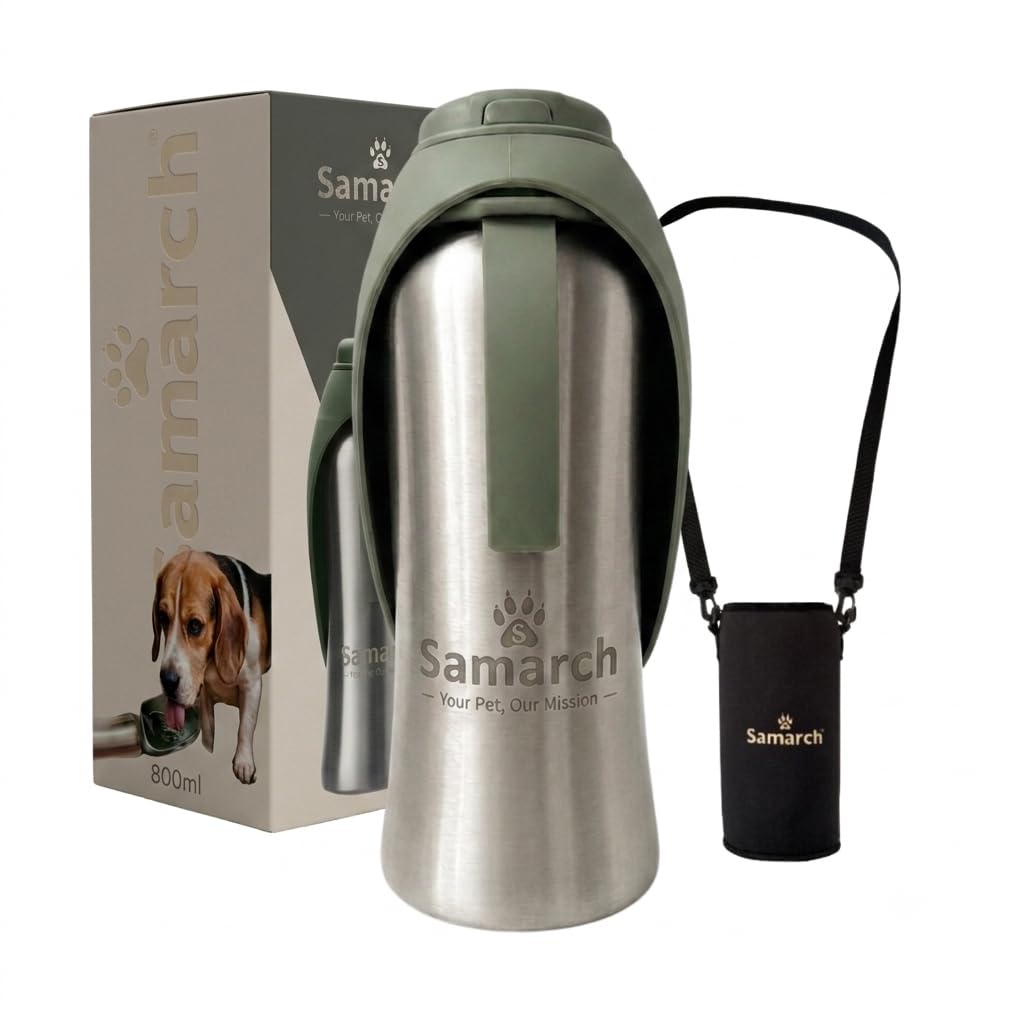 SAMARCH Hunde Trinkflaschen Set 800ml – Edelstahl Wasserflasche mit Silikon Napf & Tasche
