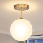 Ø20cm Vintage Deckenlampe Gold mit mattweißem Glaskugel – IP44 Badlampe, LED inkl.