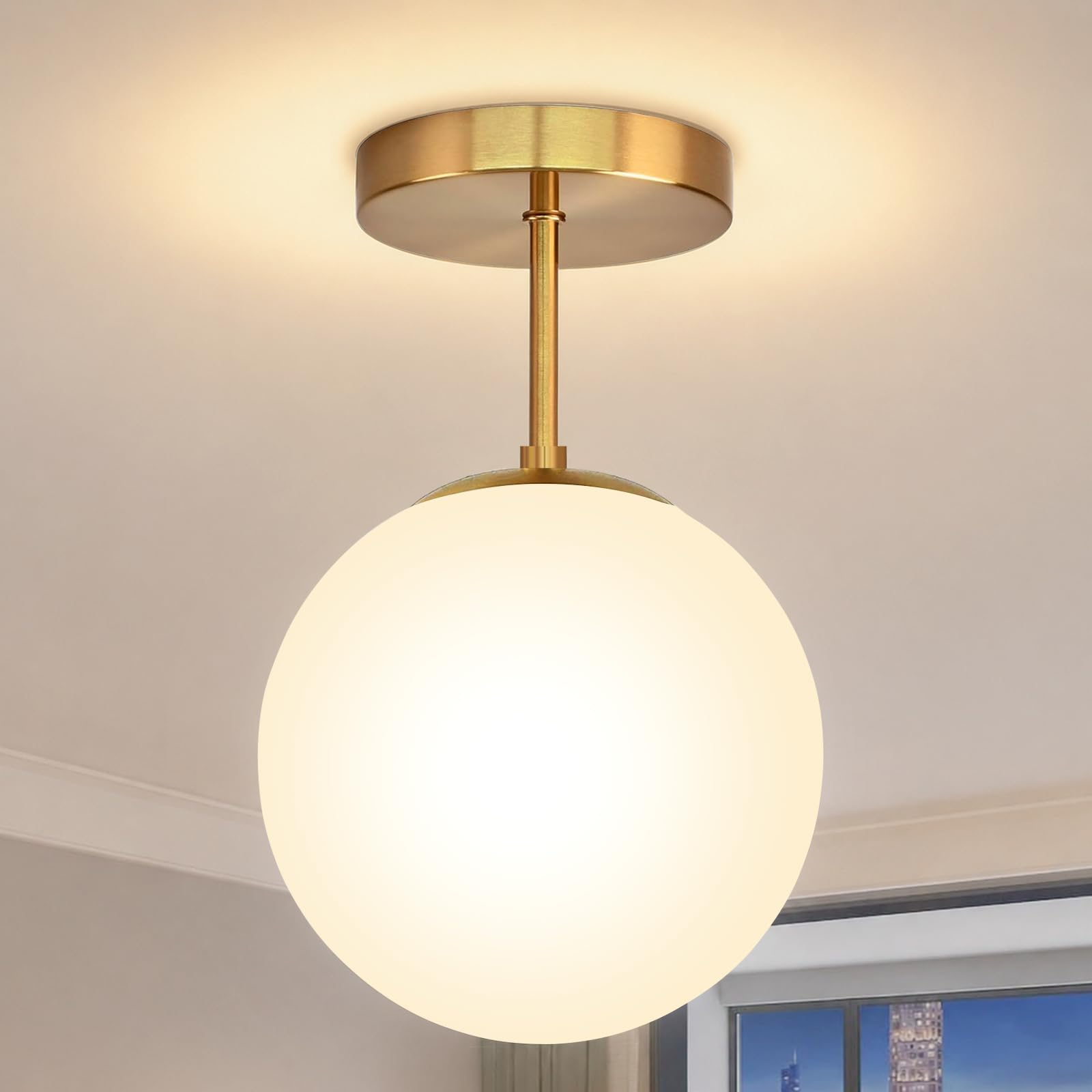 Ø20cm Vintage Deckenlampe Gold mit mattweißem Glaskugel – IP44 Badlampe, LED inkl.