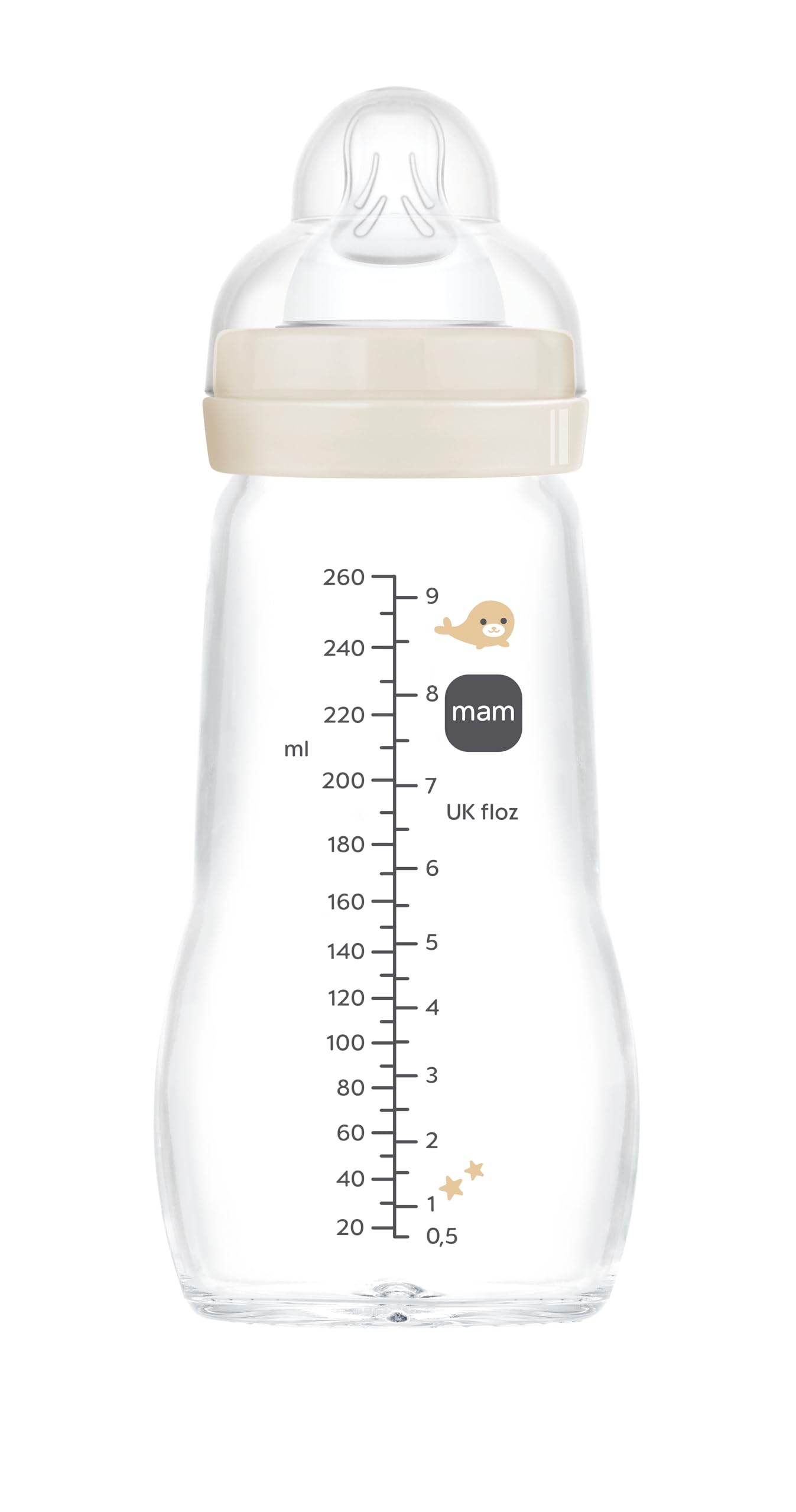 MAM Glasflasche 260 ml mit Silikon-Sauger – Babyflaschen für 2–4 Monate