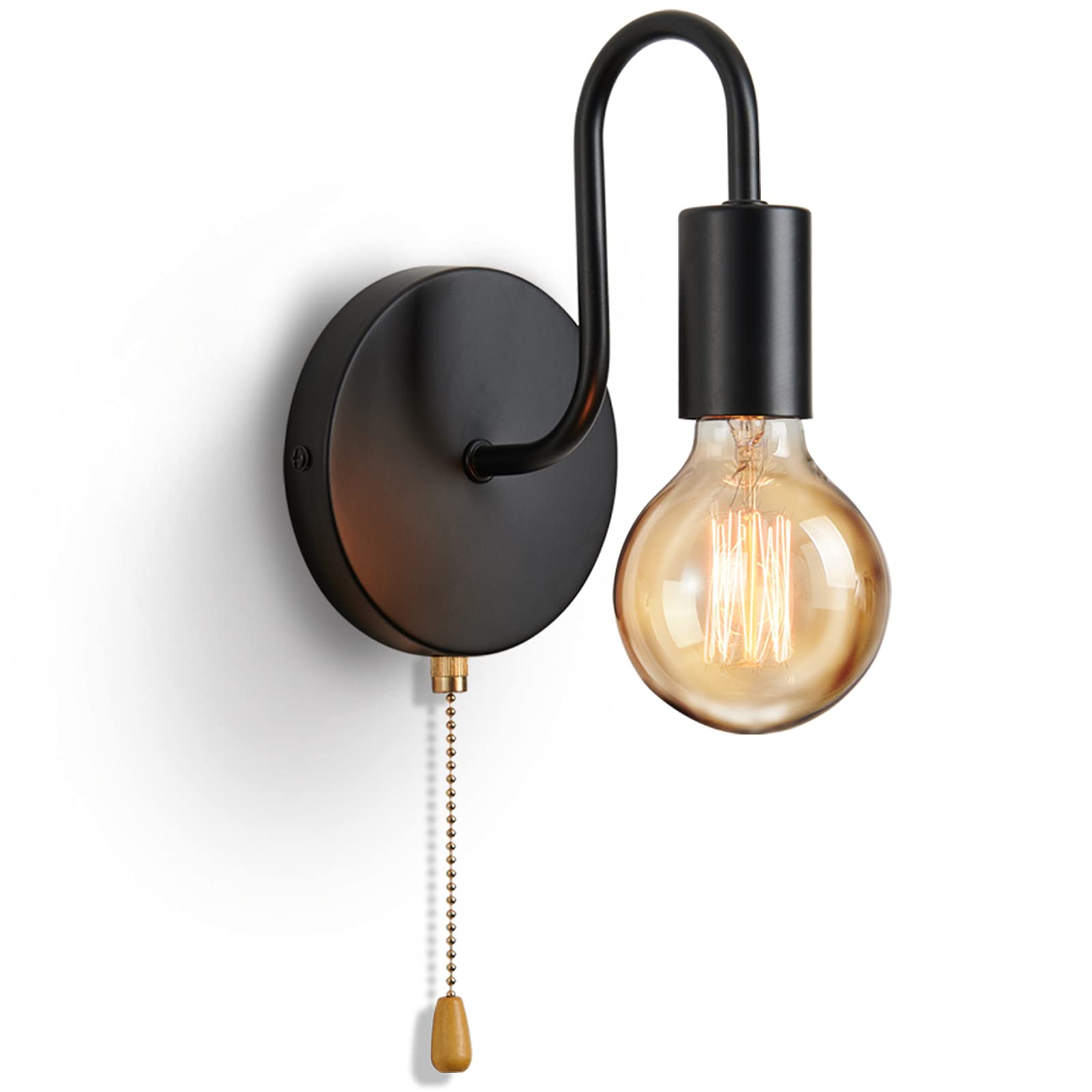 Lightess Vintage Wandlampe Industrial Schwarz mit Zugschalter – E27 Wandleuchte für jeden Raum