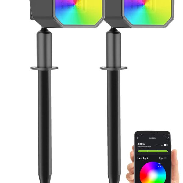 Luminea Home Control 2er-Set smarte Solar-Gartenstrahler RGB-CCT – App-gesteuert mit 16 Mio. Farben