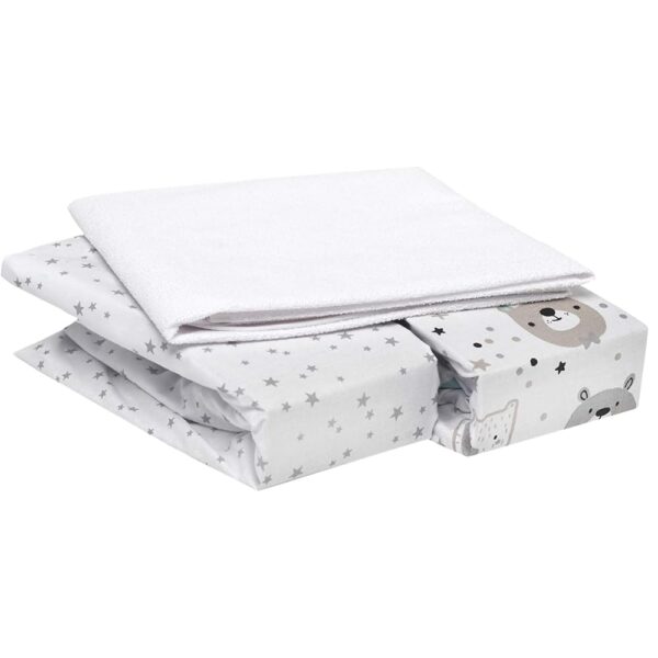 FlyIdeas 3-teiliges Spannbettlaken-Set 90x55 cm – 100% Baumwolle & wasserdichter Matratzenschoner