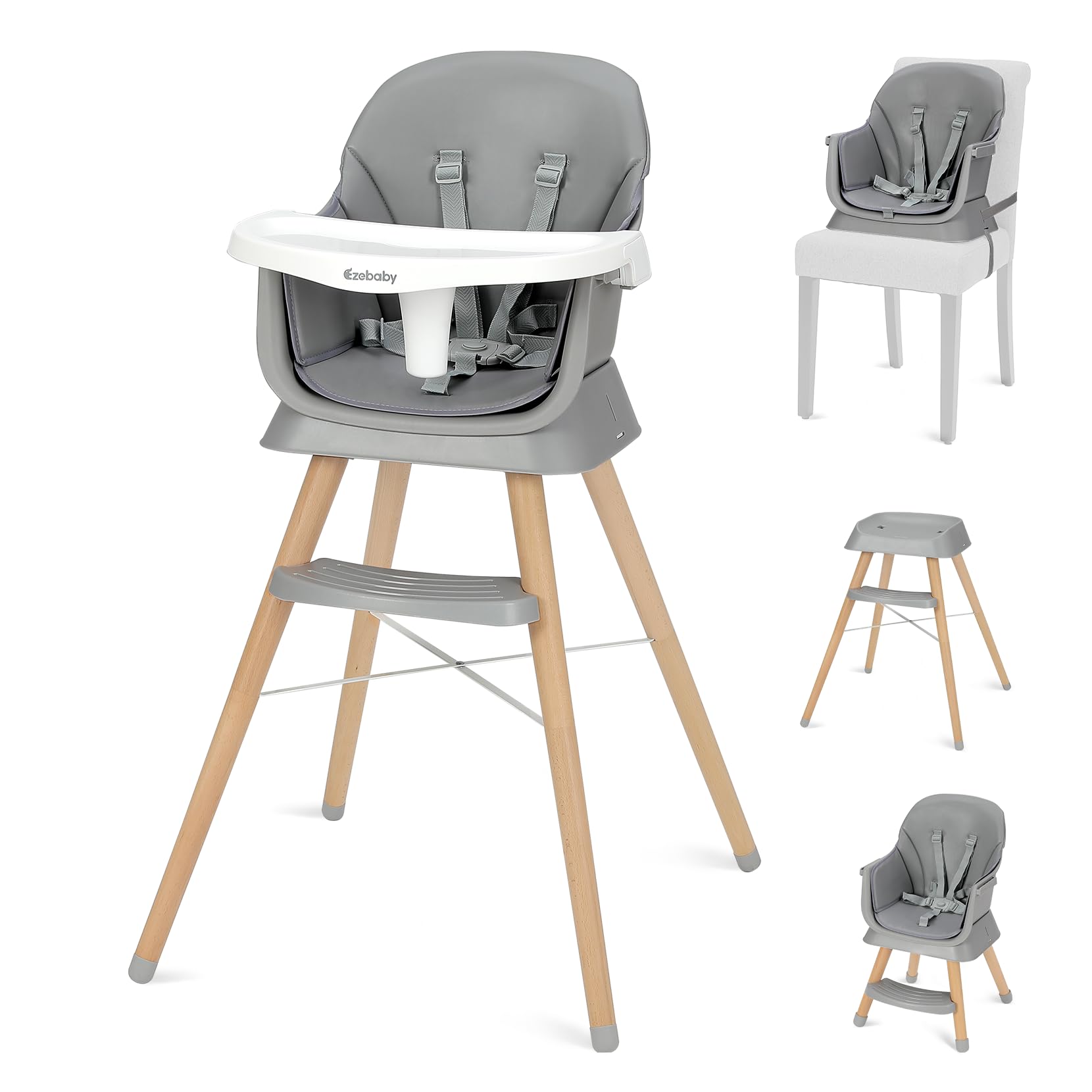 Ezebaby Hochstuhl 6 in 1 mit Holzbeinen – Multifunktionaler Kinderstuhl ab 6 Monate