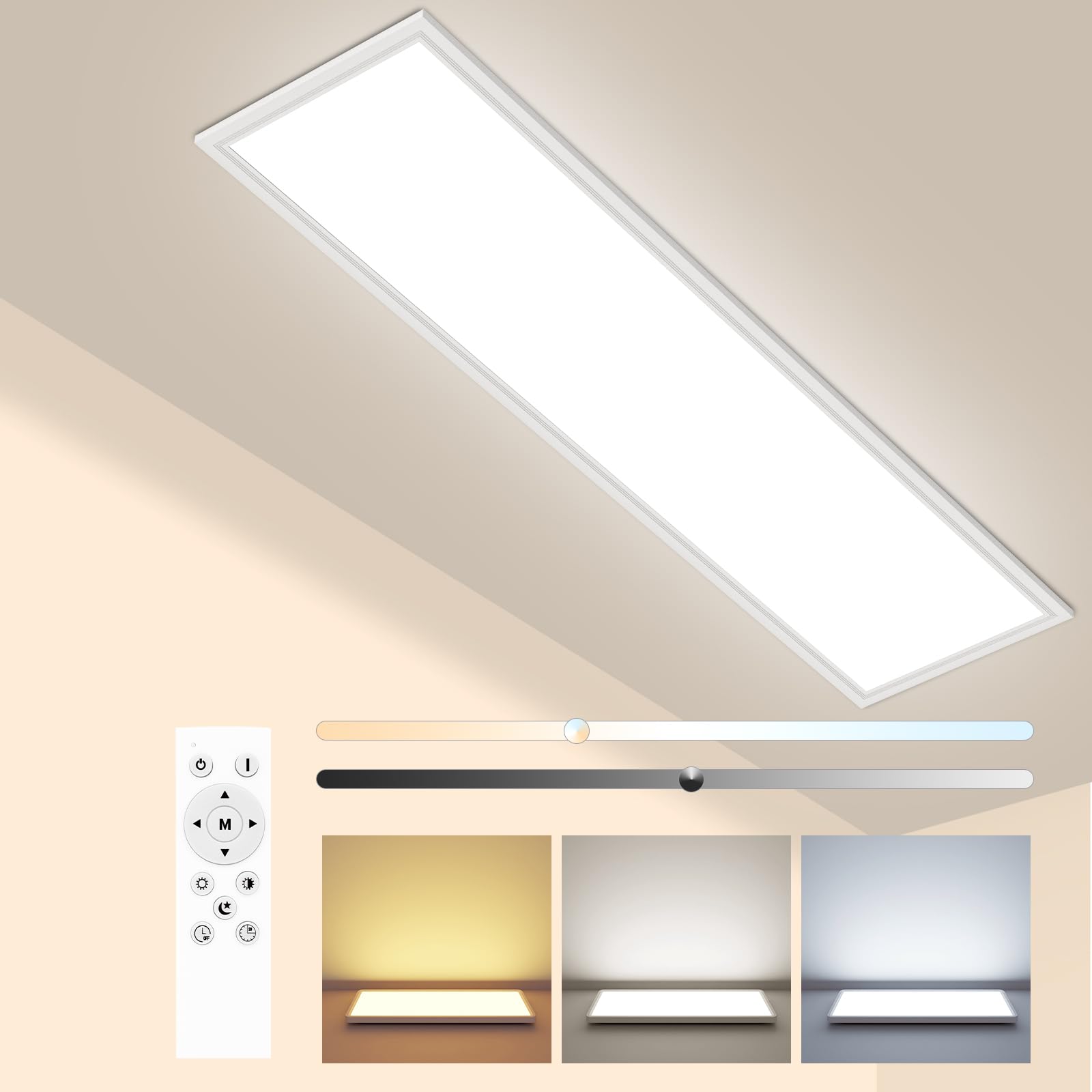 Peasur LED Deckenleuchte 120x30cm 4100lm – Dimmbar mit Fernbedienung & 3 Farbtemperaturen