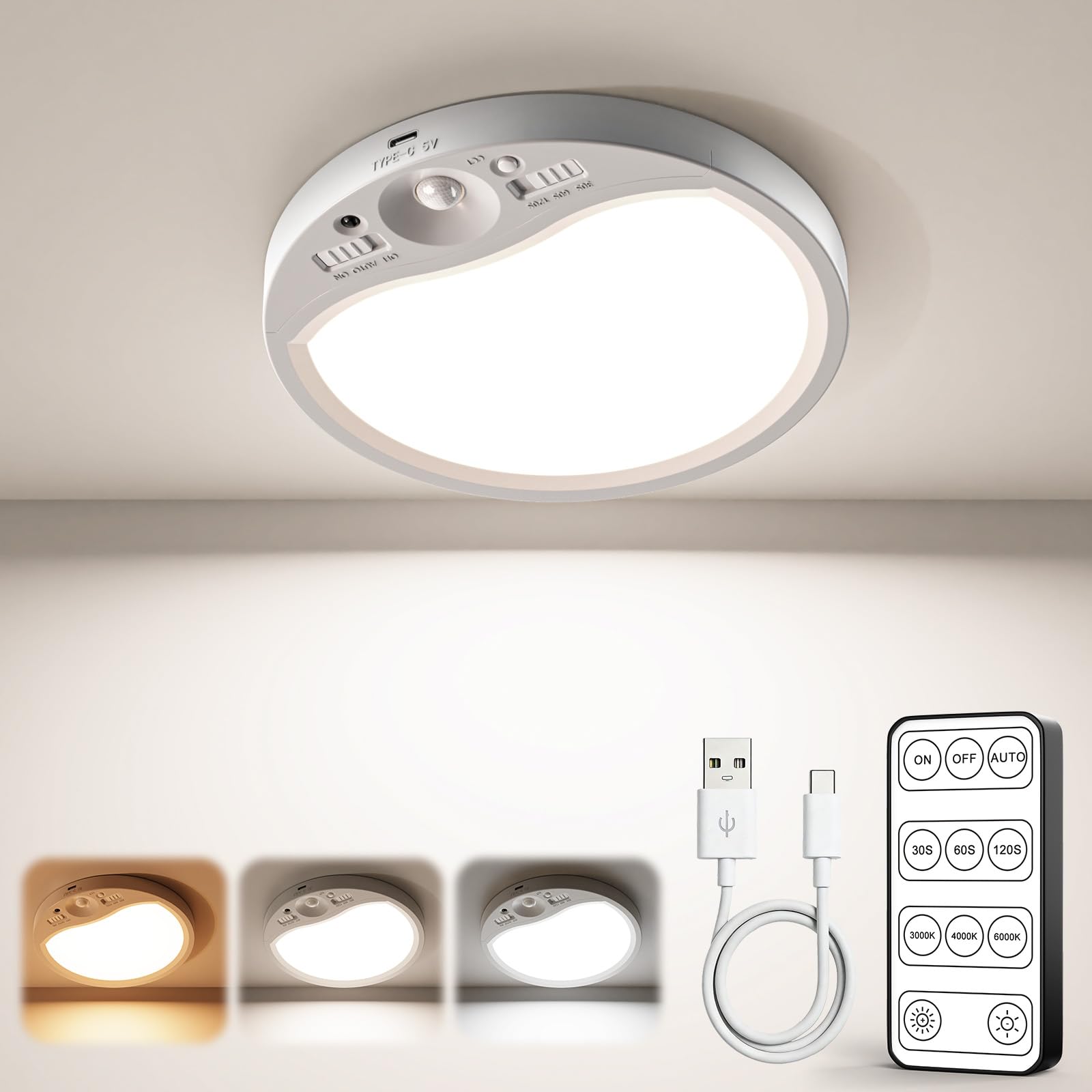 Tanbaby LED-Deckenleuchte mit 8000mAh Akku – Bewegungsmelder & Fernbedienung, dimmbar, ohne Bohren