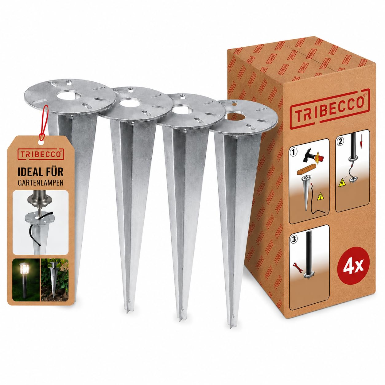TRIBECCO Einschlag-Erdspieß Ø 116 x 300 mm – Bodenanker für Gartenlampen mit Kabelführung