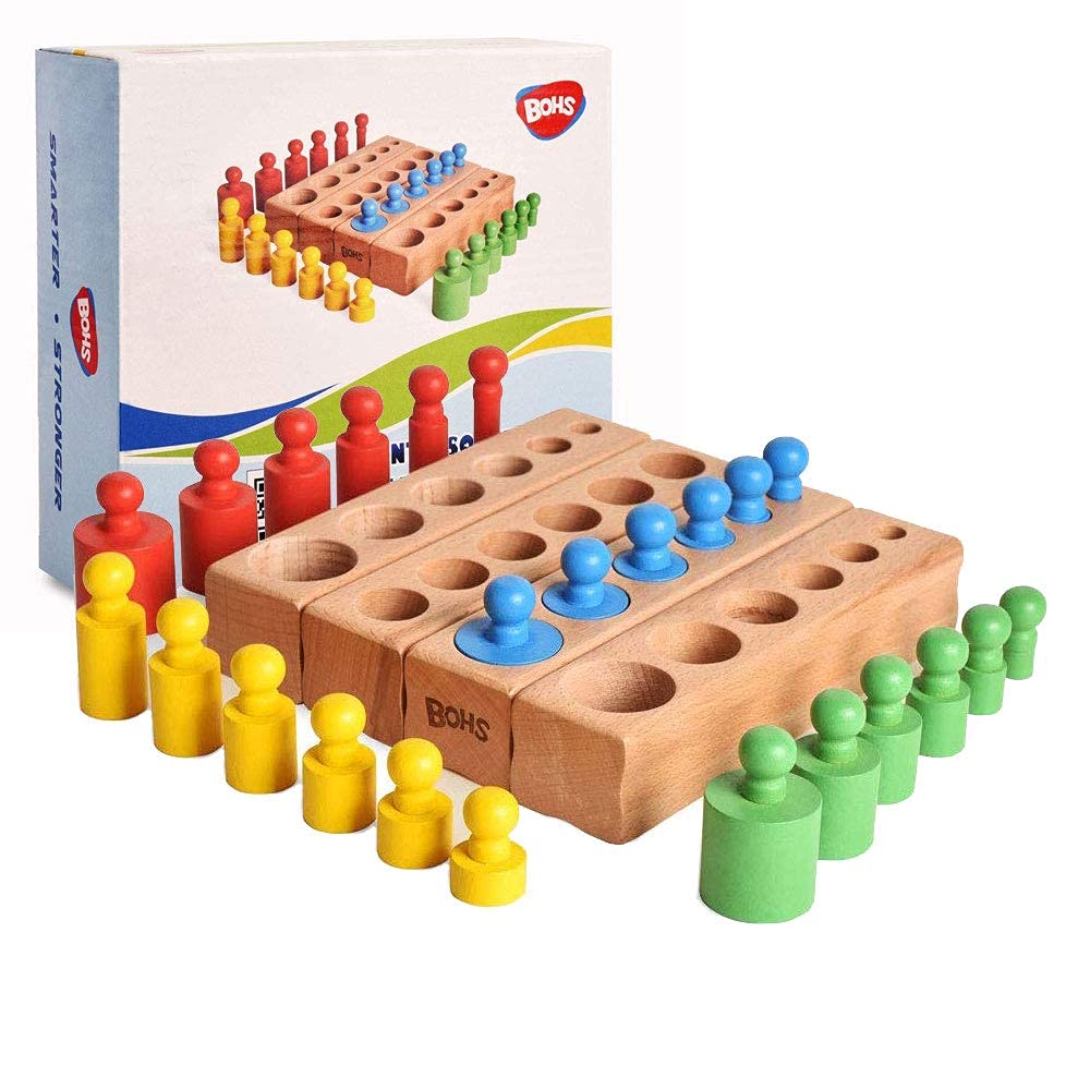 BOHS Montessori-Zylinderblöcke – 4er Set Holzpuzzle mit Knöpfen für frühe Motorik