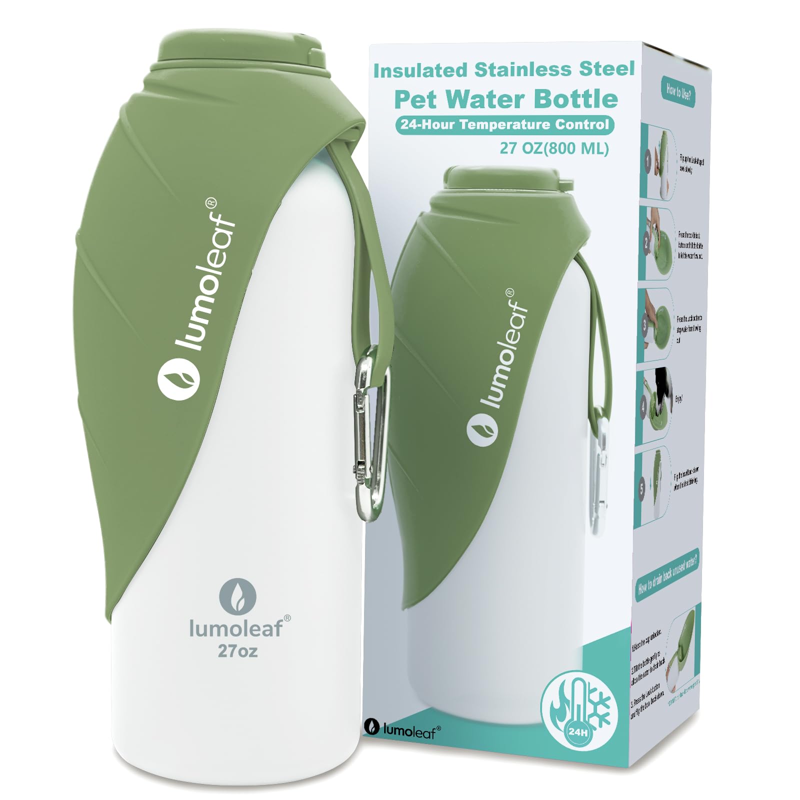 LumoLeaf 800 ml Isolierte Edelstahl-Wasserflasche für Hunde – Temperaturbeständig & Auslaufsicher