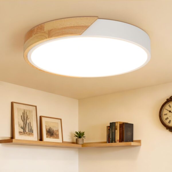 Kimjo LED-Deckenleuchte Ø 30 cm Holz Weiß – Warmweisses Licht 3000K für Wohnzimmer