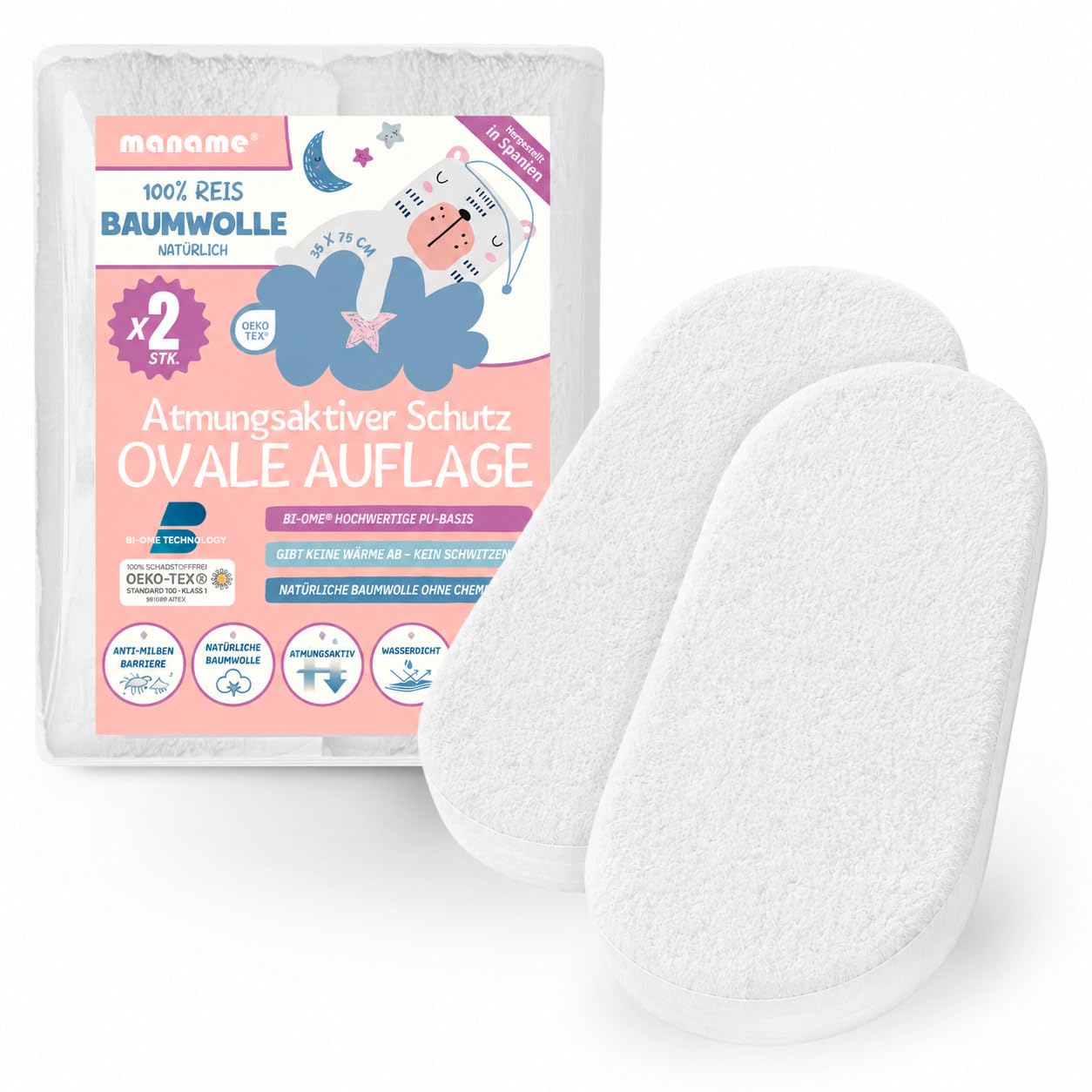 2er-Set Matratzenschoner 35x75 cm Oval – Wasserdicht & Atmungsaktiv mit BI-OME für Babys