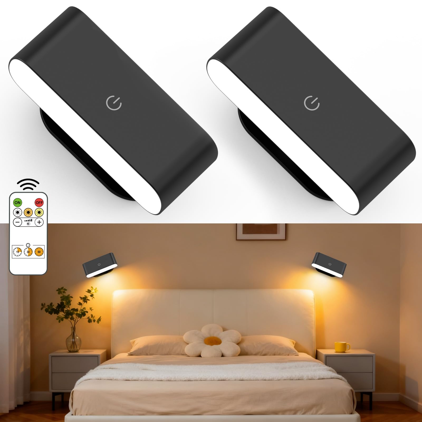 Lacasa LED Wandleuchte 2er-Set mit Akku, Fernbedienung & 360° Drehgelenk – Dimmbar