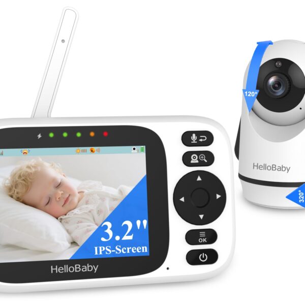 HelloBaby Babyphone mit Kamera ohne WLAN – 3,2" Display, 320° Schwenk, Nachtsicht, 305m Reichweite