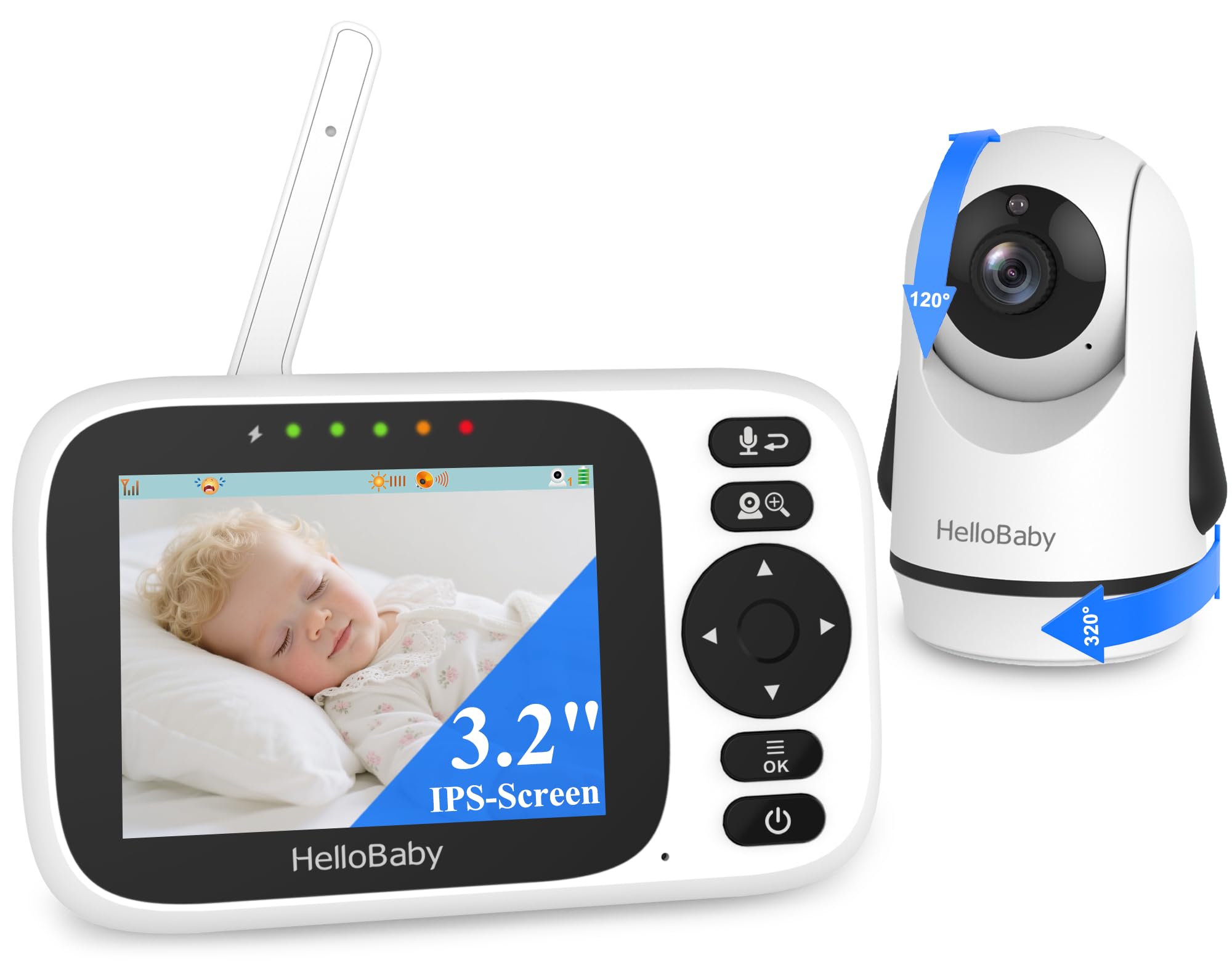 HelloBaby Babyphone mit Kamera ohne WLAN – 3,2" Display, 320° Schwenk, Nachtsicht, 305m Reichweite