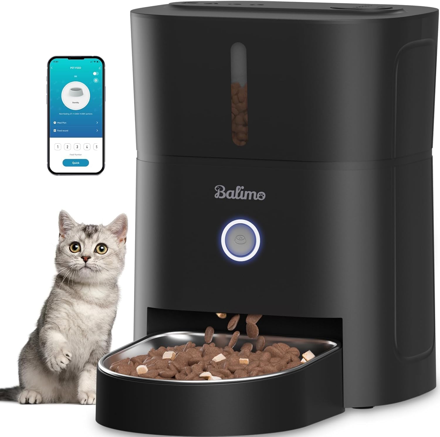 Balimo 3L Futterautomat für Katzen & Hunde – WiFi App-Steuerung mit Edelstahlnapf